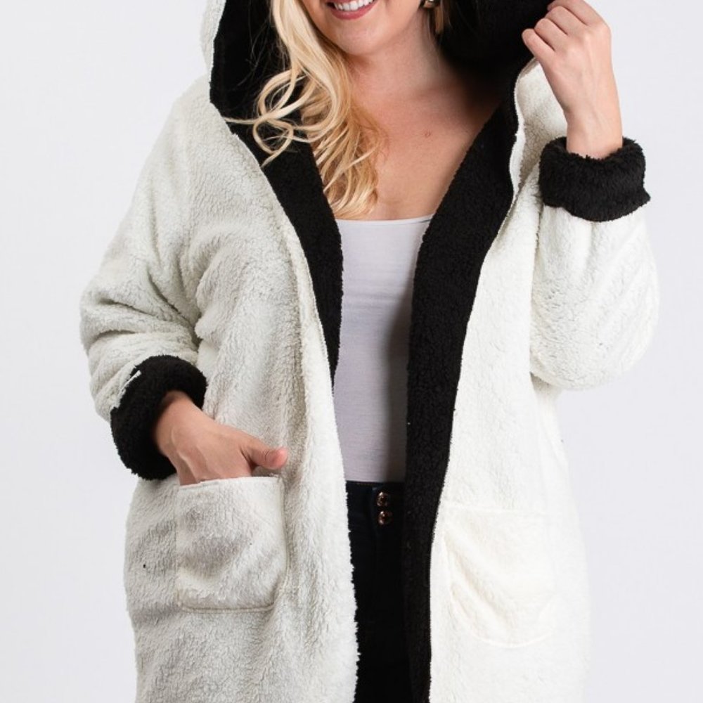 Open Front Hooded Reversible Soft Cardigan Sweater - Picture 5 of 6